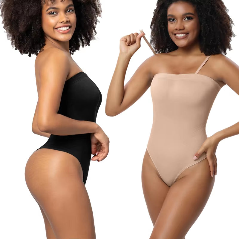 Women Strapless Bodysuit Ribbed One Piece Thong Shapewear off Shoulder Tops Leotard Removable Straps Tummy Control Body Shaper