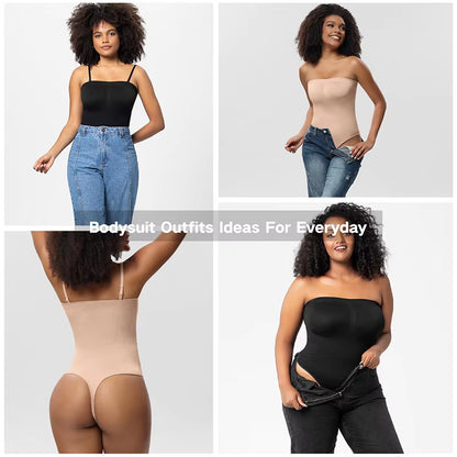 Women Strapless Bodysuit Ribbed One Piece Thong Shapewear off Shoulder Tops Leotard Removable Straps Tummy Control Body Shaper