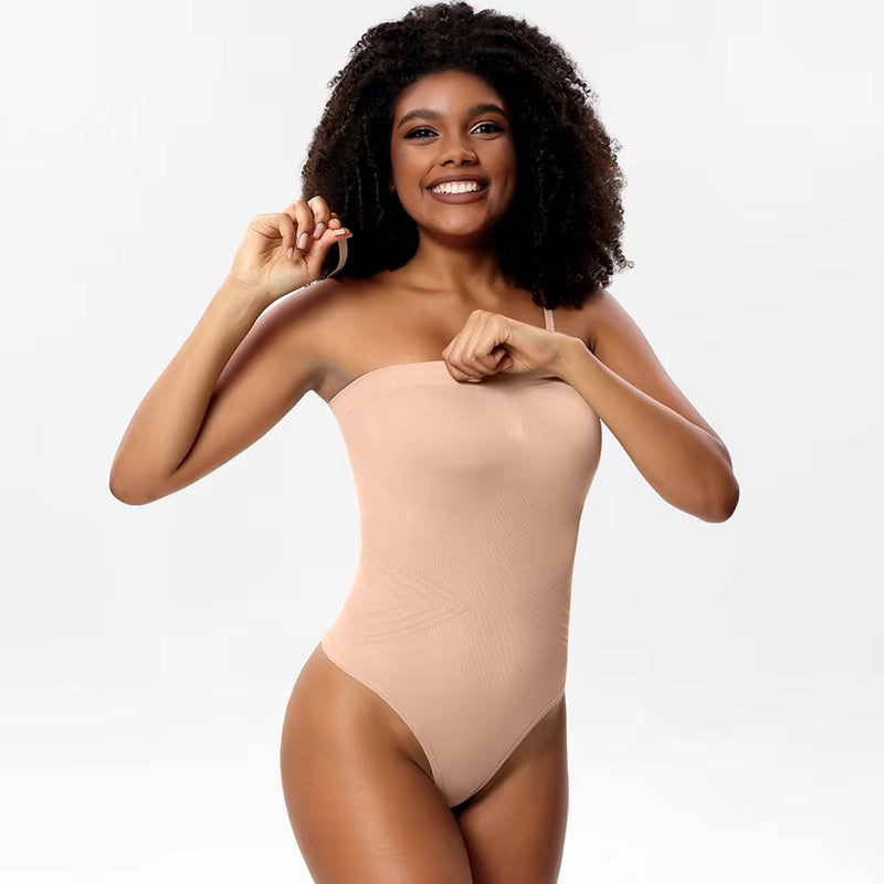 Women Strapless Bodysuit Ribbed One Piece Thong Shapewear off Shoulder Tops Leotard Removable Straps Tummy Control Body Shaper