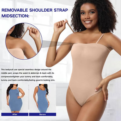 Women Strapless Bodysuit Ribbed One Piece Thong Shapewear off Shoulder Tops Leotard Removable Straps Tummy Control Body Shaper