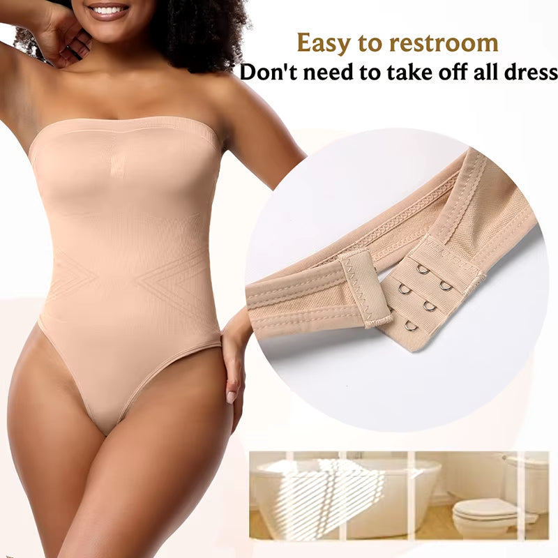 Women Strapless Bodysuit Ribbed One Piece Thong Shapewear off Shoulder Tops Leotard Removable Straps Tummy Control Body Shaper