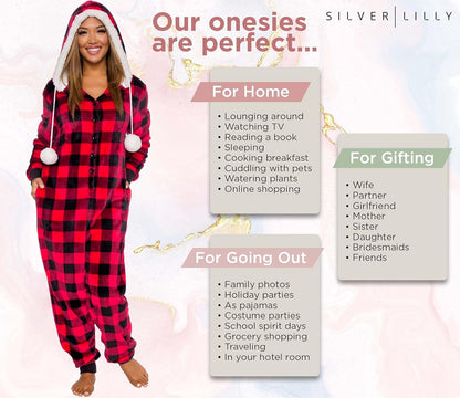 Womens Hooded Buffalo Plaid One Piece Pajamas with Sherpa Trim - Warm Plush Jumpsuit