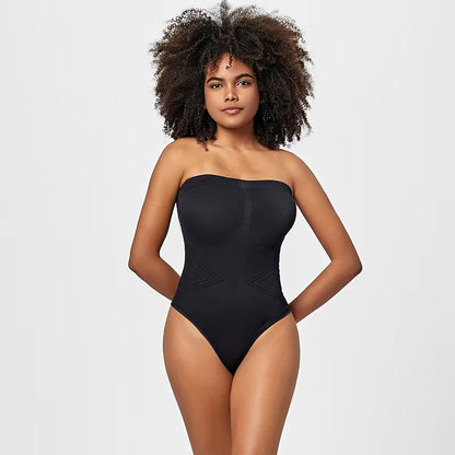 Women Strapless Bodysuit Ribbed One Piece Thong Shapewear off Shoulder Tops Leotard Removable Straps Tummy Control Body Shaper