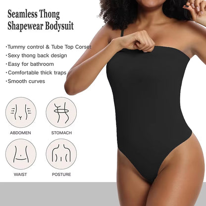 Women Strapless Bodysuit Ribbed One Piece Thong Shapewear off Shoulder Tops Leotard Removable Straps Tummy Control Body Shaper